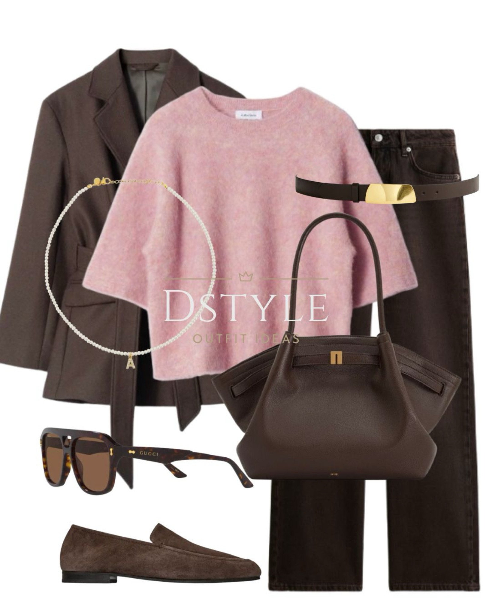 Dark brown tie-belt wool blazer, dark brown straight jeans, light pink alpaca-blend knitted top, dark brown belt, dark brown tote bag, brown suede loafers 

 #LTKWorkwear #LTKShoeCrush