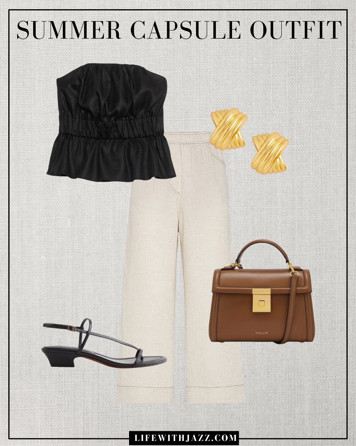 Summer capsule outfit 

Minimal style / elevated style / dressy style / black peplum top / beige linen pants / strappy sandals / tan purse / gold earrings / banana republic / Madewell / Demellier / src25 

#LTKStyleTip #LTKSeasonal