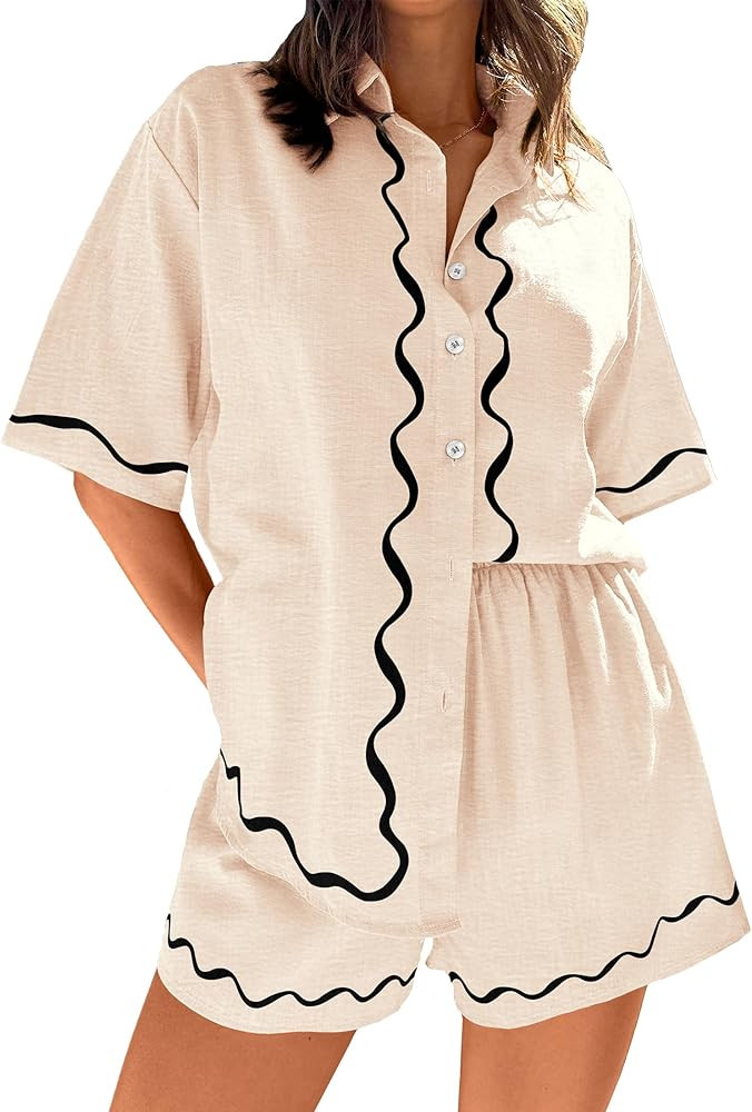 PRETTYGARDEN Womens 2 Piece Summer Button Down Shirts And Lounge Shorts Pajama Sets | Amazon (US)