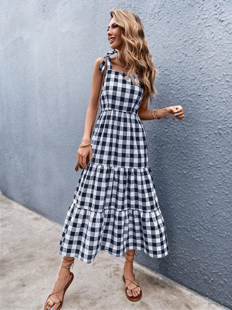 Gingham Tie Shoulder Cami Dress | SHEIN