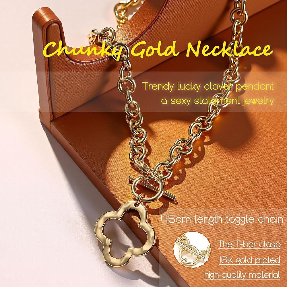 Krfy Chunky 16K Gold Plated Necklace for Women, Hammered Cross Necklace for Women Non Tarnish, He... | Amazon (US)