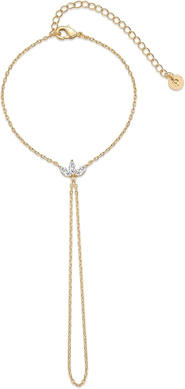 PAVOI 14K Yellow Gold Plated Hand Chains Bracelet for Women | Dainty Cubic Zirconia Bracelet and ... | Amazon (US)