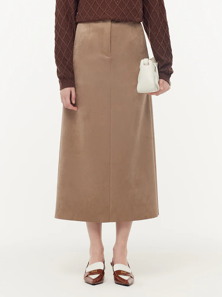 Faux Suede Back Slit Women Midi Skirt | GOELIA