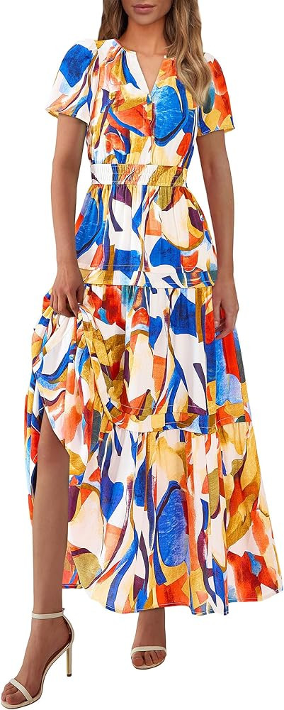 PRETTYGARDEN Women's Summer Boho Maxi Dresses Floral Short Sleeve V Neck A Line Tiered Ruffle Flo... | Amazon (US)
