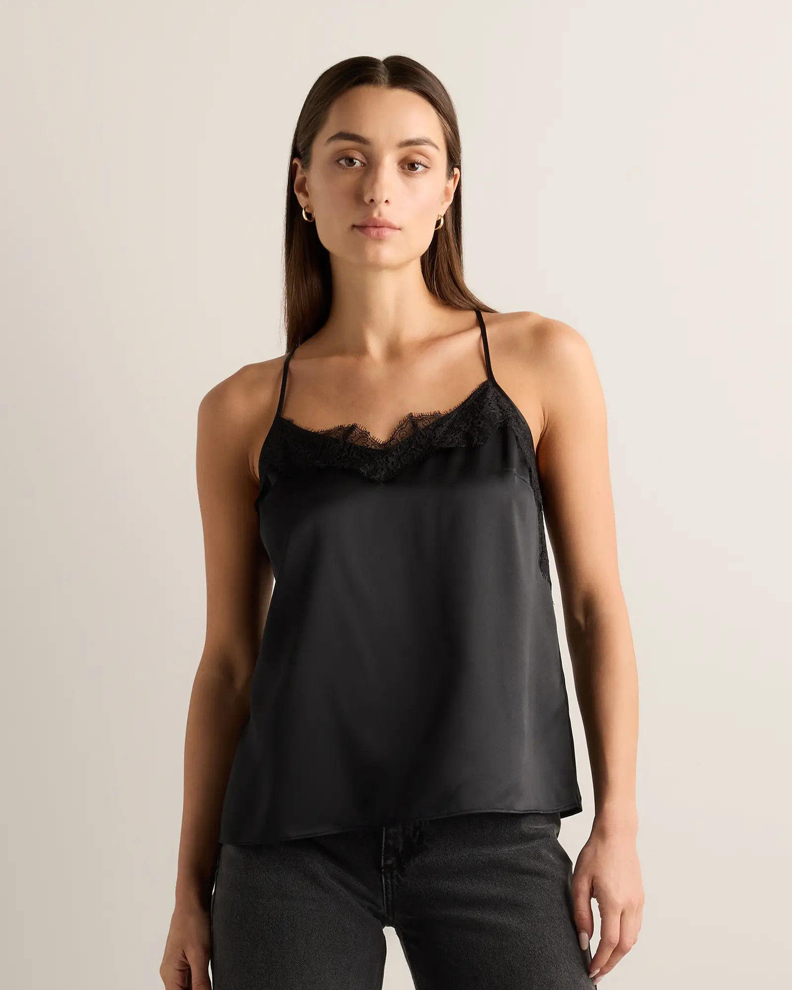 100% Washable Silk Lace Cami in Black | Quince