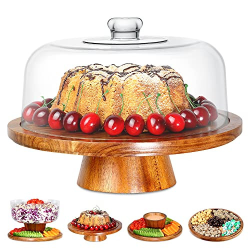 Homeries Acacia Wood Cake Stand with Lid, Cake Plate, (6 in 1) Multi-Functional Serving Platter, Large Cake Stand with Dome, Cake display stand with lid & Cake Dome - Use as Cake Holder, Cake Cover | Amazon (US)