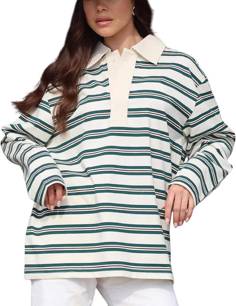 Women Striped Rugby Shirt Y2k Long Sleeve Oversized Polo Sweatshirt Vintage Collared Shirt Pullov... | Amazon (US)