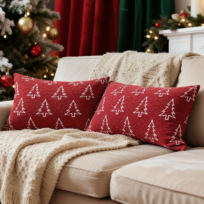 2 Pack Chenille Christmas Pillow Covers 12x20, Red Double-Sided Snowflake & Christmas Tree, Cozy ... | Amazon (US)