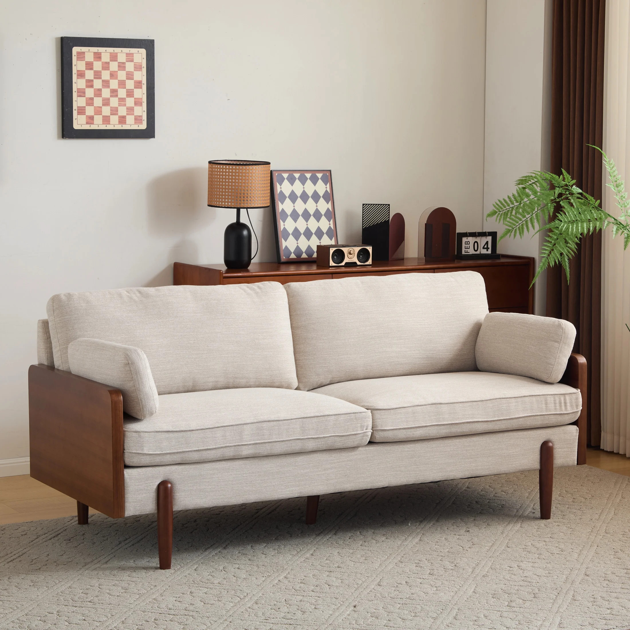 Mid-Century Modern Sofa with Slim Track Arms and Wood Frame, Beige | Walmart (US)