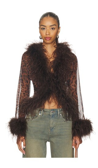 Bubish Gigi Sheer Feather Blouse Top in Brown. - size S | Revolve Clothing (Global)