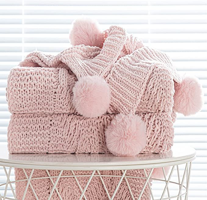 Chunky Knit Blanket with pom poms- Thick, Soft, Big, Cozy Throw Blankets for Couch, Bed, Sofa, Ch... | Amazon (US)