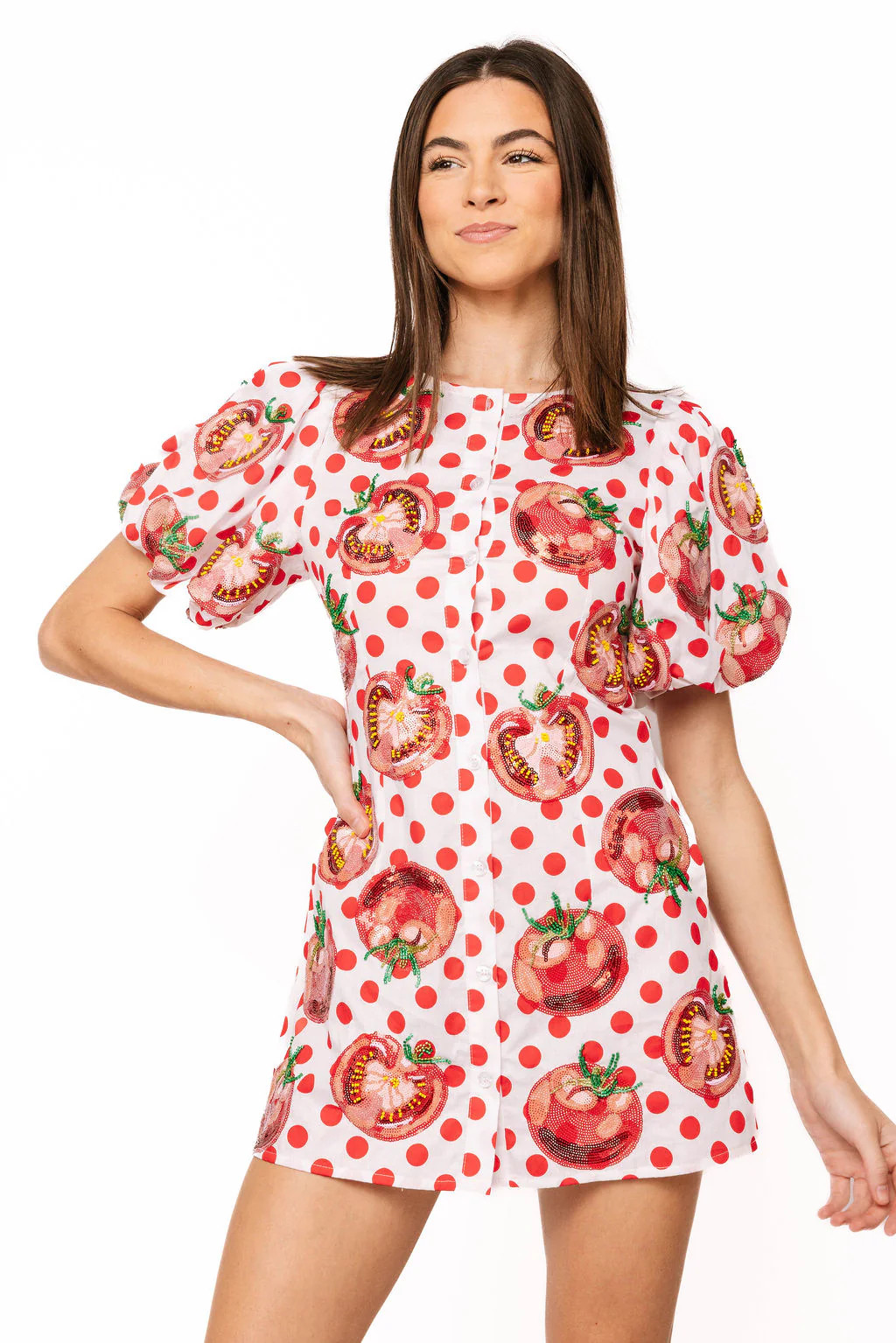 White & Red Polka Dot Tomato Button Up Dress | Queen of Sparkles