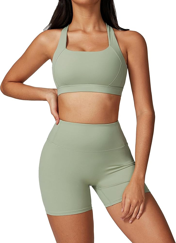 ABOCIW Workout Sets for Women 2 Piece Cross Back Sports Bra High Waist Biker Shorts Yoga Outfits | Amazon (US)