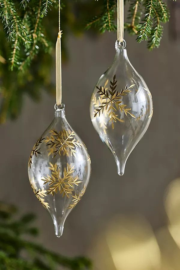 Etched Snowflake Glass Droplet Ornaments, Set of 2 | Anthropologie (US)