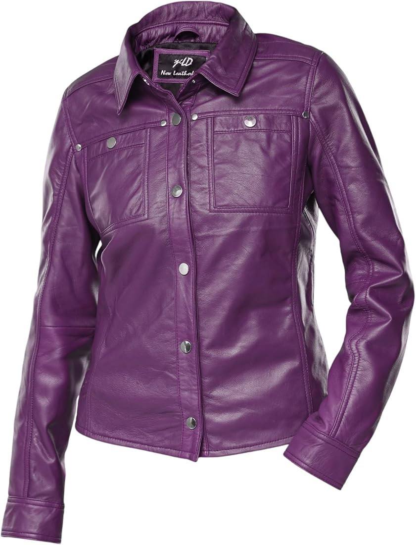 Jild Womens Button Front Lambskin Leather Jacket Shacket - Casual Shirt Long Sleeve Leather Jacke... | Amazon (US)