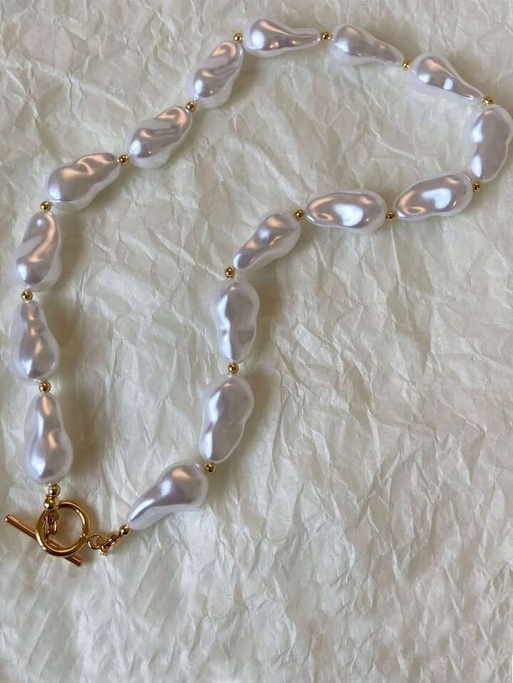 1pc Retro-Inspired Gold-Tone Beaded Baroque Pearl Stainless Steel OT Clasp Necklace | SHEIN USA | SHEIN