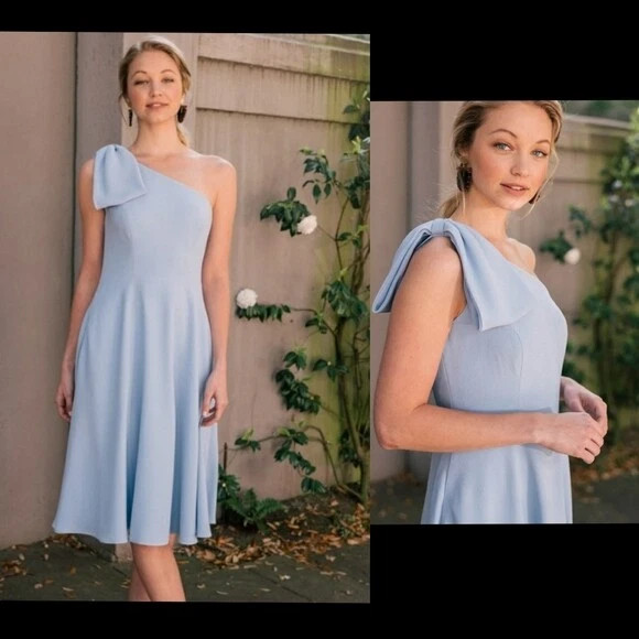 GAL MEETS GLAM Dress Blue Light Midi Fit Flare Swing One Shoulder Bow Yvonne NWT  | eBay | eBay US