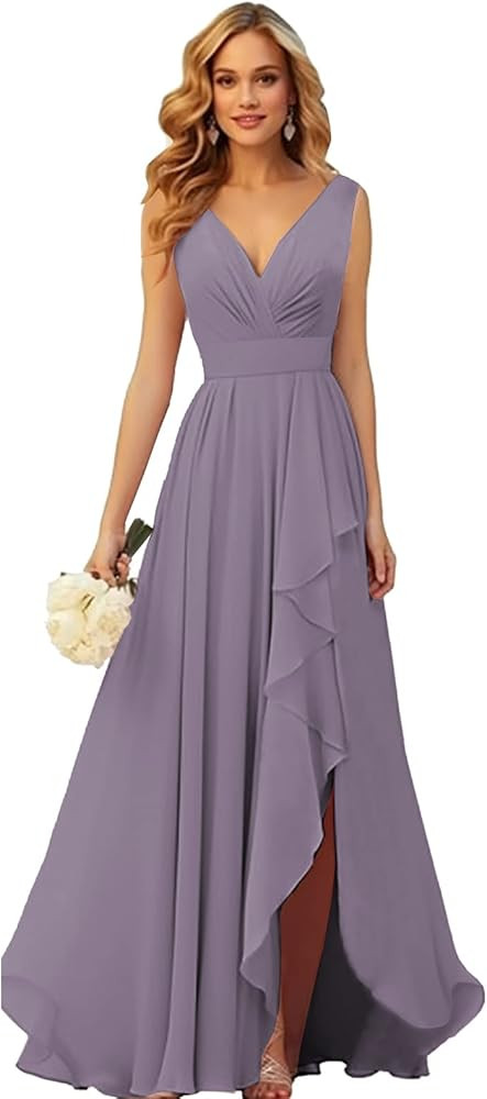 OFEYCHUN Ruffle Bridesmaid Dresses for Women with Slit Long V Neck Chiffon Formal Dress for Weddi... | Amazon (US)