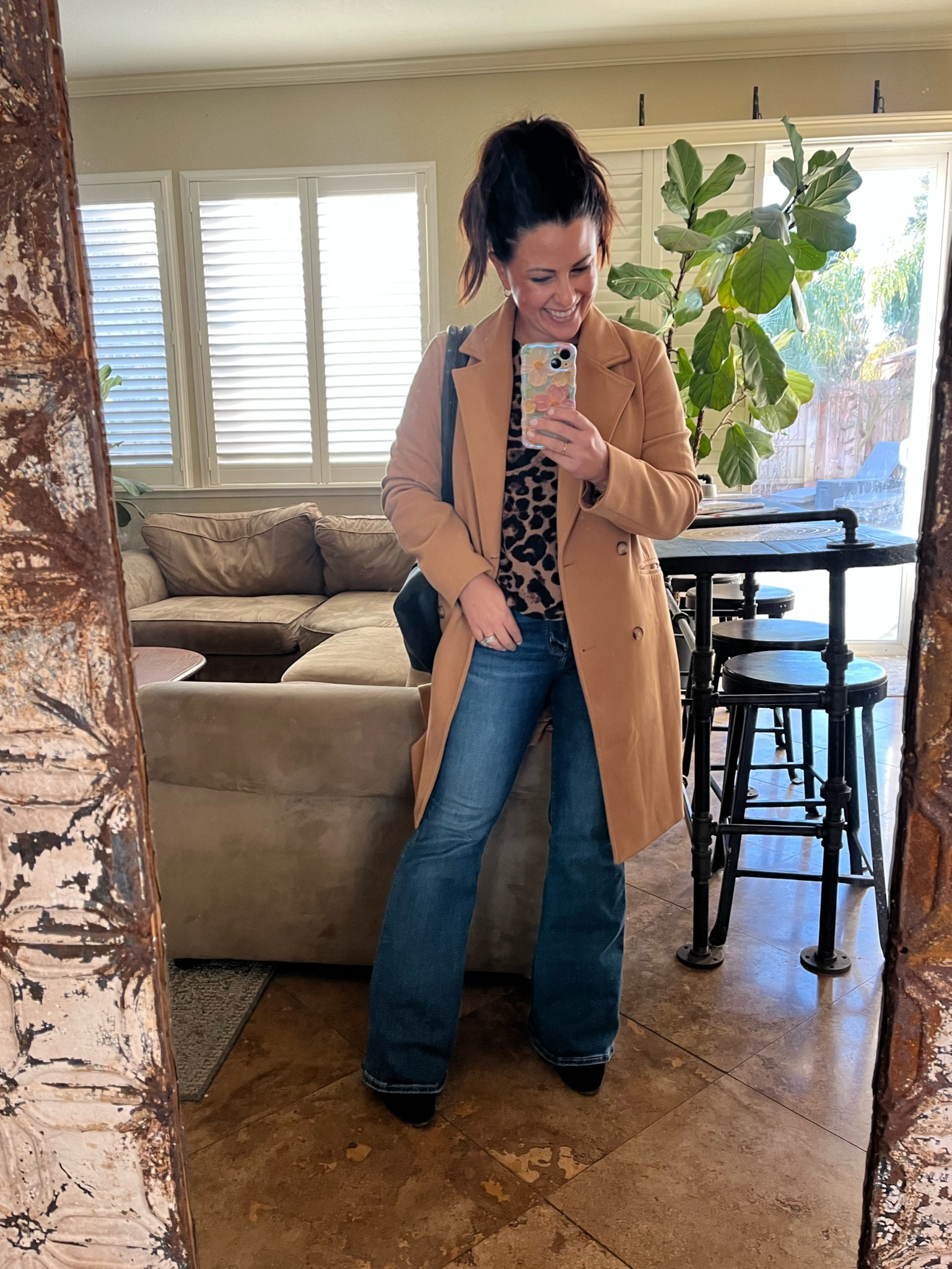 Cute little leopard top, flare jeans, boots and a camel wool coat for a very chilly Monday in the classroom. Wearing a small in everything, my jeans are nearly sold out, I linked a similar pair that is in stock. 

Teacher ootd
Petite style 
Winter outfit

#LTKWorkwear #LTKPetite #LTKOver40