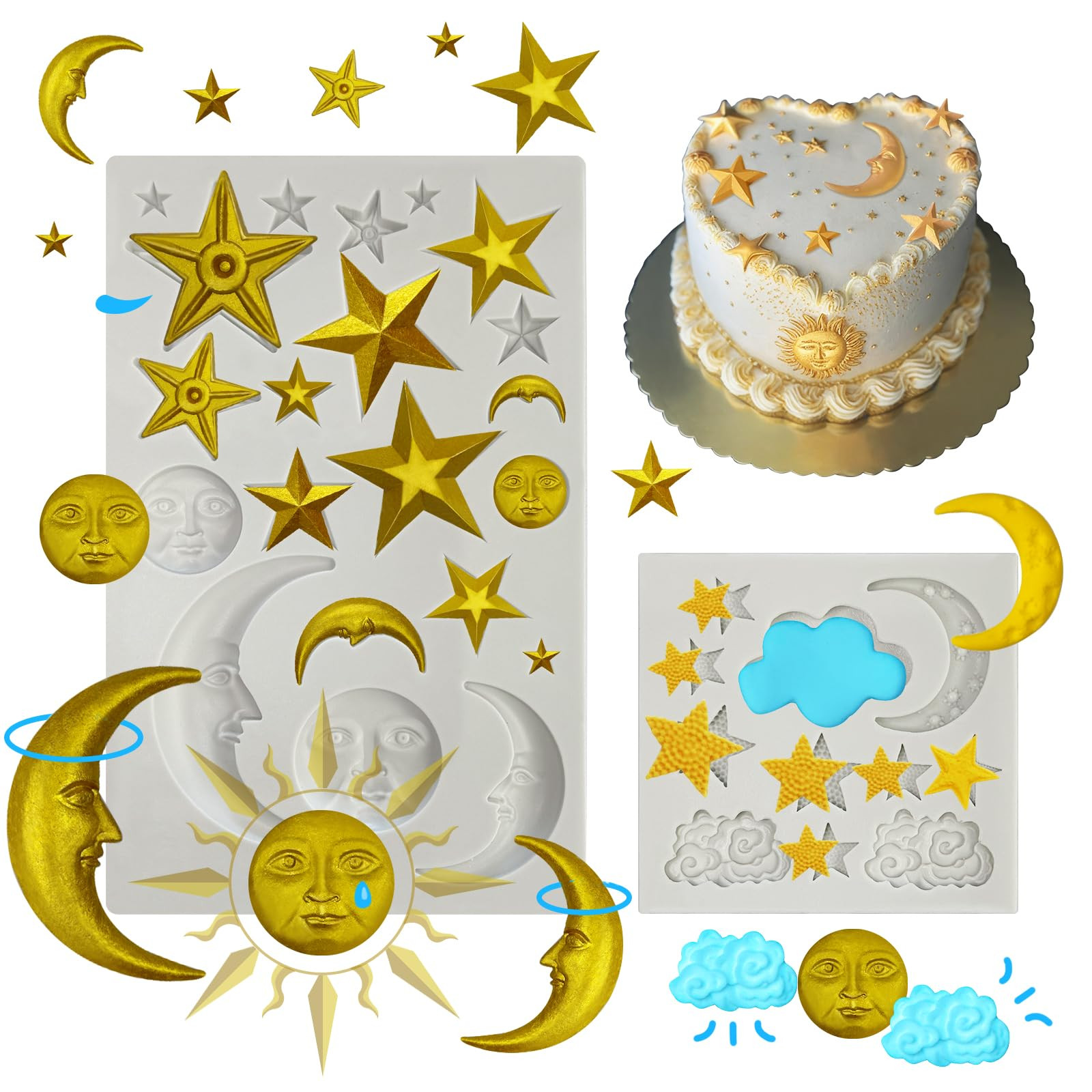 2 Pcs Moon Star Sun Face Silicone Molds Cloud Fondant Cake Molds Candy Polymer Clay Molds Silicon... | Amazon (US)