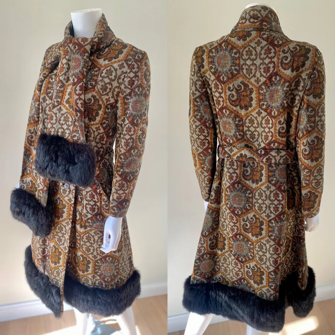 Vintage 1960s tapestry brocade carpet coat w faux fur trim attached scarf, belted, sz M | Etsy (US)