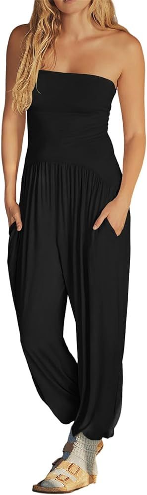 Fisoew Womens Off Shoulder Loose Casual Onesie Jumpsuits Backless Summer Long Pants Baggy Rompers... | Amazon (US)