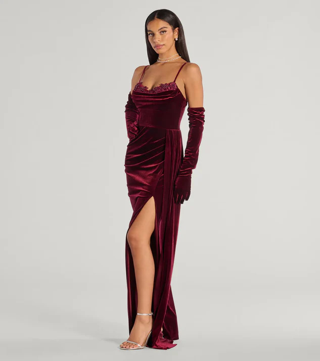 Inez Beaded Applique Velvet Formal Dress With Gloves | Windsor Stores