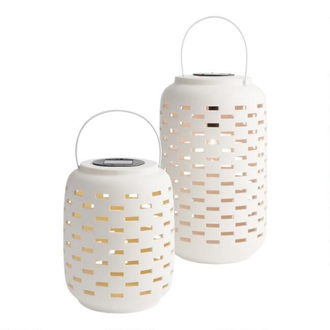 White Geo Dashes Ceramic Solar LED Lantern | World Market