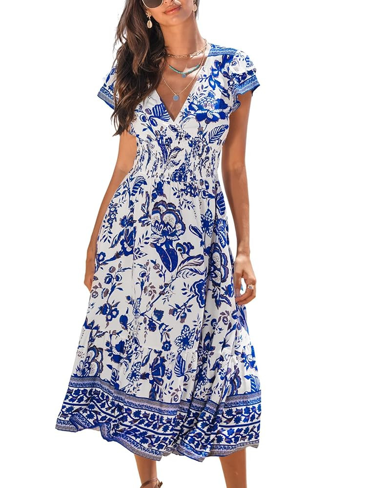 CUPSHE Women's Summer Dress Casual V Neck Floral Smocked Cap Sleeve Ruffled Vacation Midi Dress | Amazon (US)