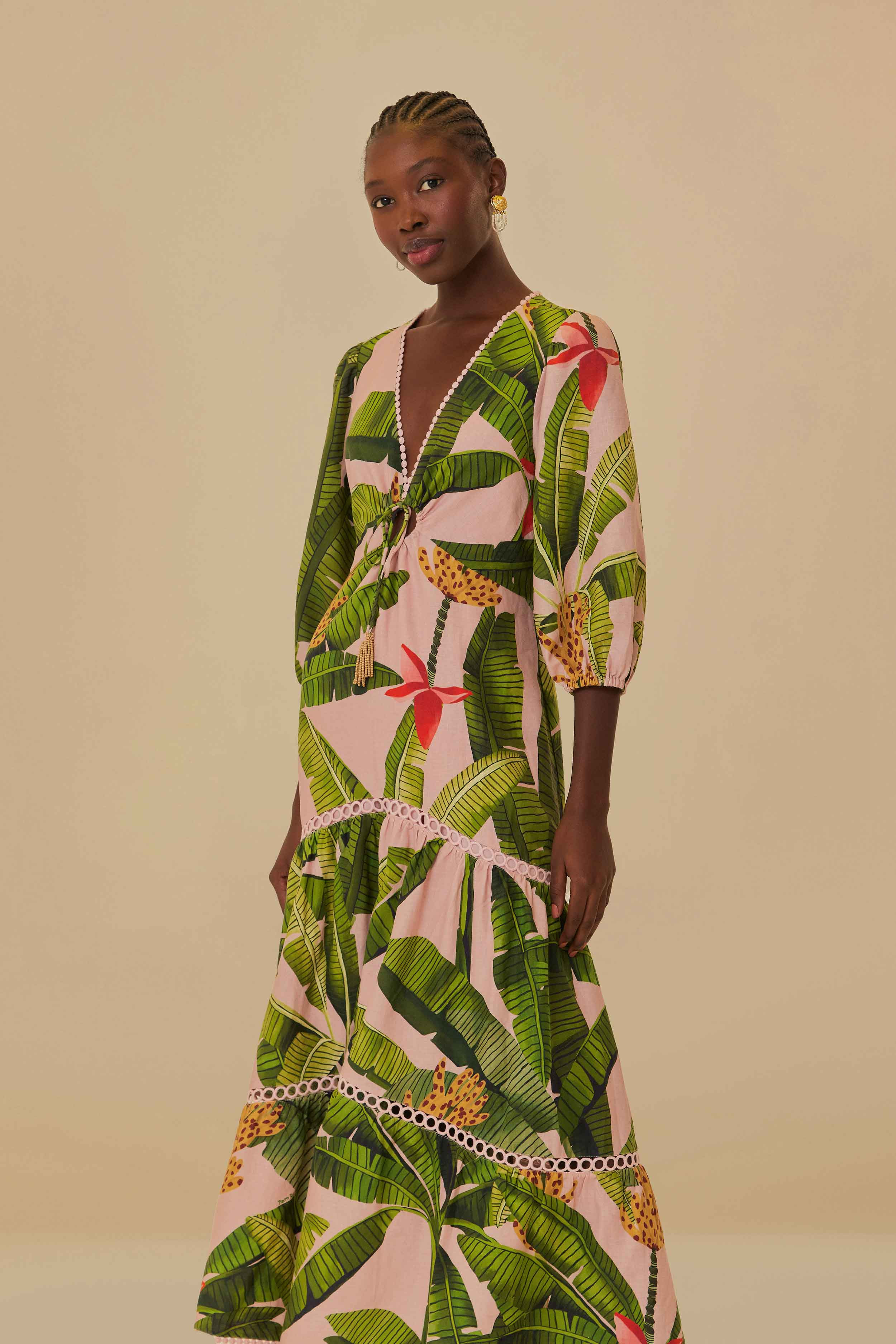 Pink Banana Leaves LENZING™ ECOVERO™ Euroflax™ Maxi Dress | FarmRio (US)