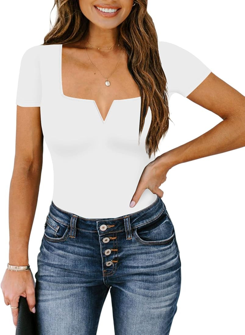 Chunpin Women's Sexy Square Neck Notch V Neck Short Sleeve Bodysuit Tops Thong Bodysuit | Amazon (US)