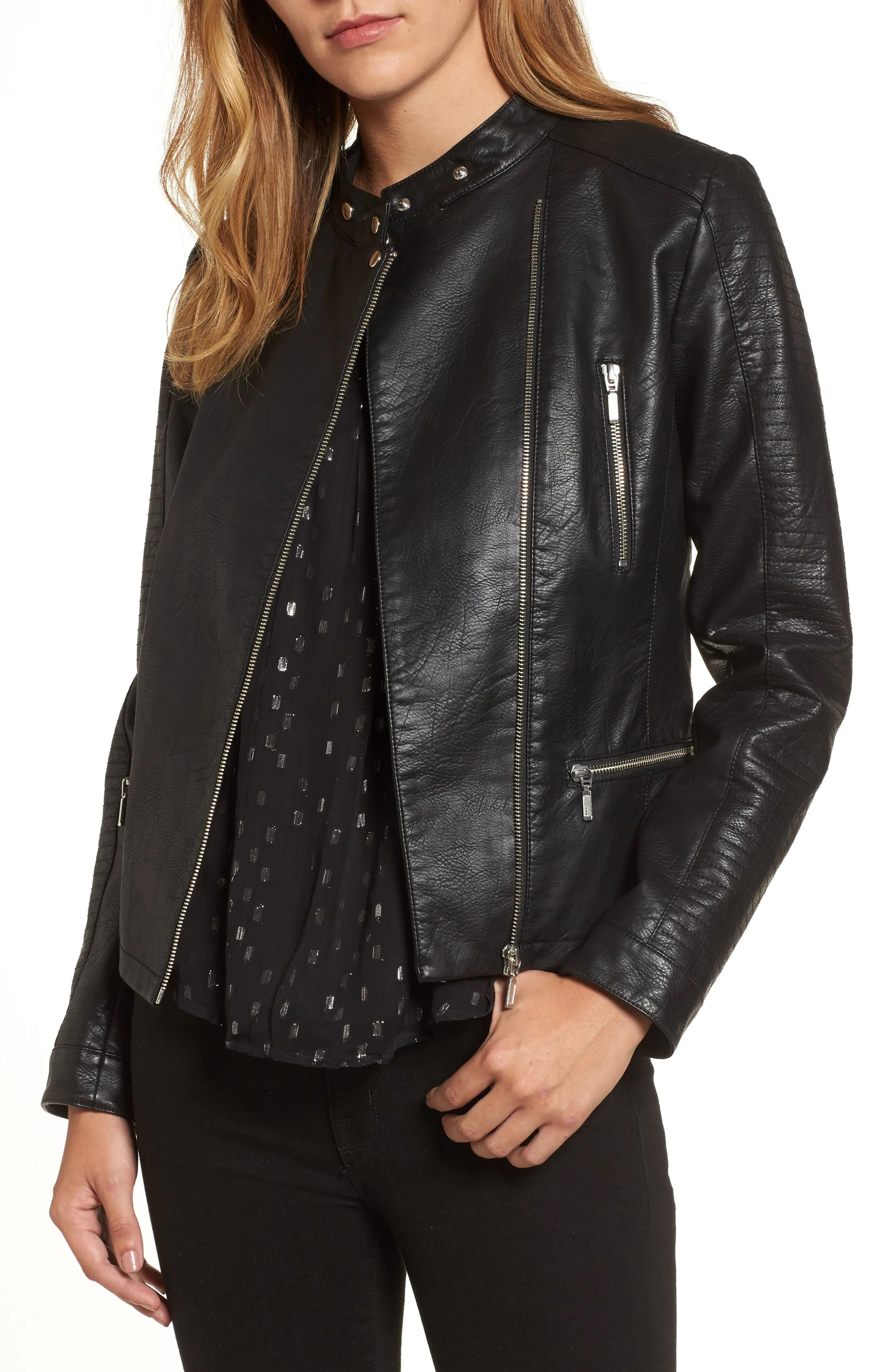 Women's Halogen Quilted Faux Leather Moto Jacket, Size Medium - Black | Nordstrom