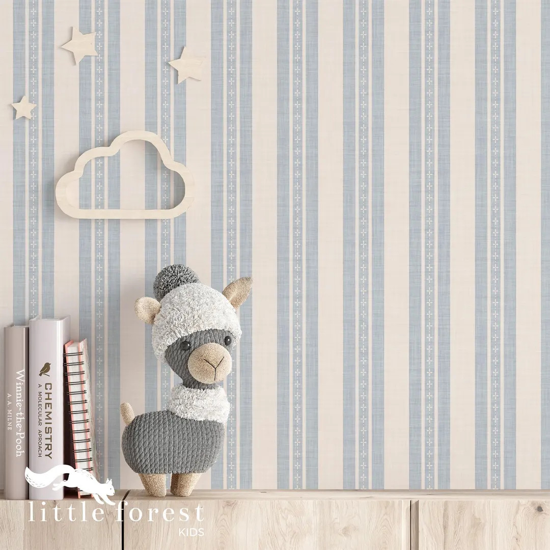 Soft Blue and White Striped Wallpaper Linen Look Texture, Peel and Stick Wallpaper for Baby Nurse... | Etsy (US)