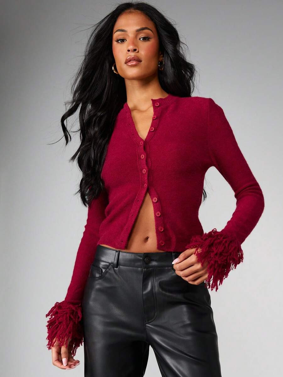 MISSGUIDED Women's Knitted Cardigan With Fringe Cuff Detail And Button Front Closure | SHEIN