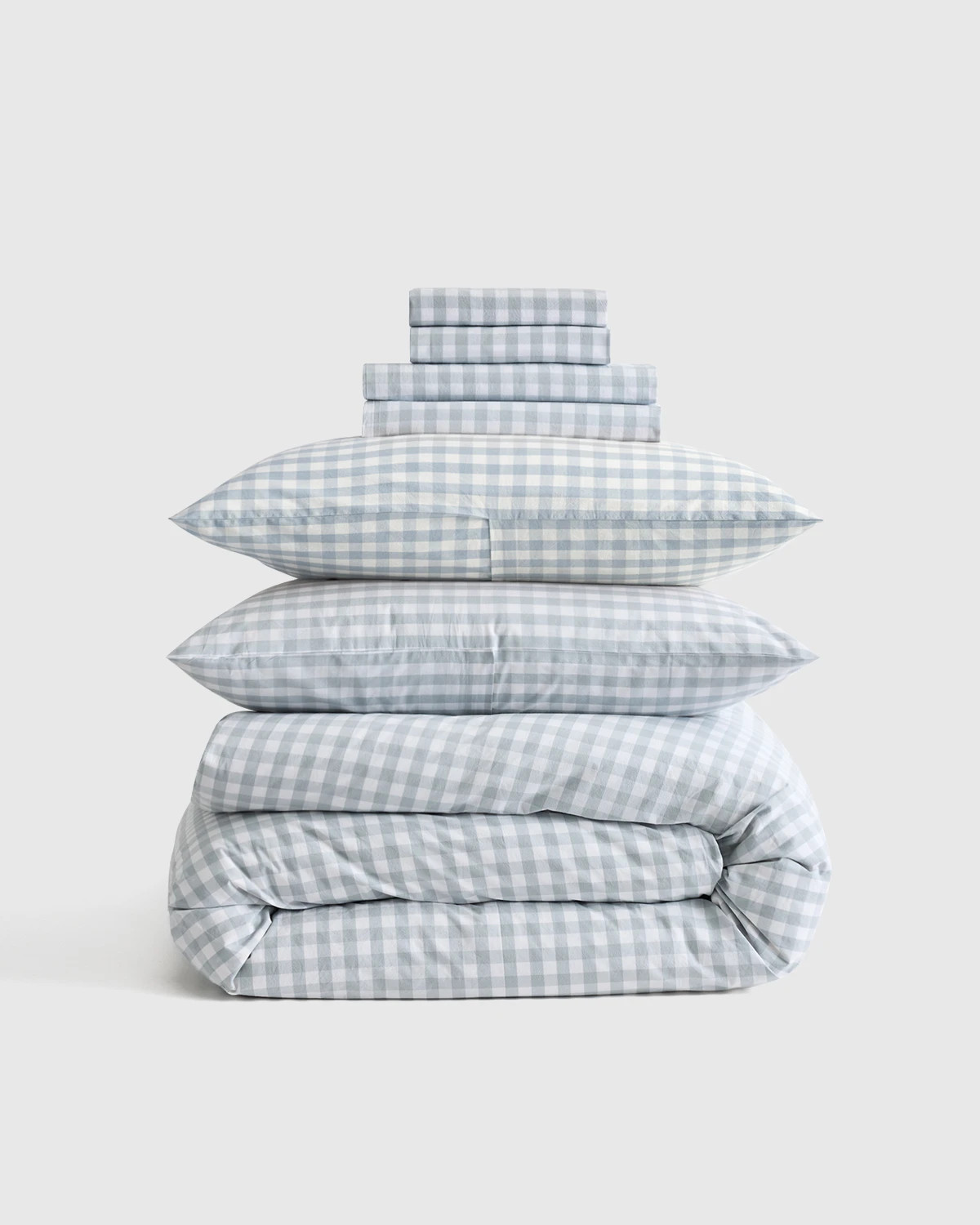 Classic Organic Percale Gingham Deluxe Bedding Bundle in Blue Fog | Quince