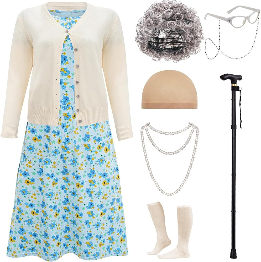 ZeroShop Womens Old Lady Costume adult 100 Days of School Grandma Wig Nightgown Dress Sweater | Amazon (US)