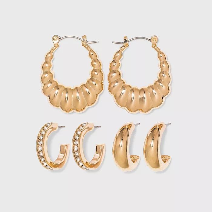 Multi-Texture Hoop Earring Trio Set - A New Day™ Gold | Target
