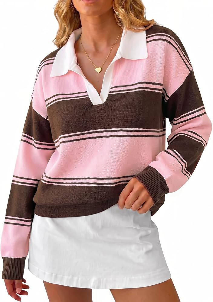 Cicy Bell Women Striped Sweater Polo V Neck Long Sleeve Pullover Knit Tops | Amazon (US)