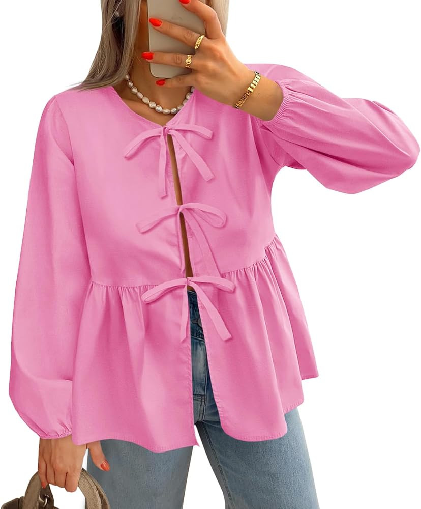 Tankaneo Womens Tie Front Tops Blouses Long Puff Sleeve Peplum Babydoll Bow Shirt Summer Coquette... | Amazon (US)