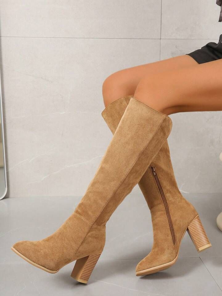 Women's Fashion Retro Faux Suede High Heel Pointed Toe Thick Heel Over The Knee Knight Boots With... | SHEIN