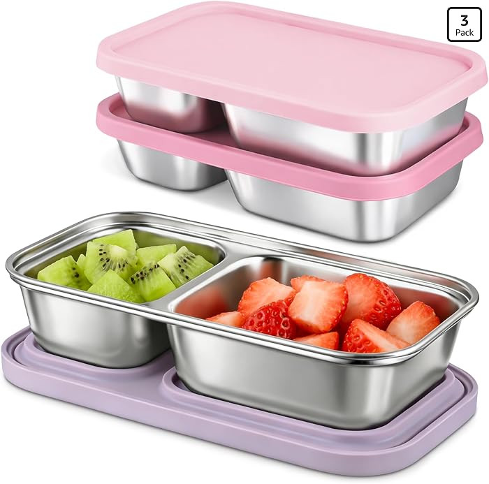 3 Pack Stainless Steel Snack Containers with Silicone Lids, 2-Compartment Snack Containers for Lu... | Amazon (US)
