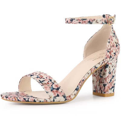 Perphy Women's Floral Printed Open Toe Ankle Strap Chunky Heels Sandals Blue pink Flower 8.5 | Target