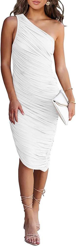 PRETTYGARDEN Women's Ruched Bodycon Dress One Shoulder Sleeveless Party Cocktail Midi Pencil Dres... | Amazon (CA)