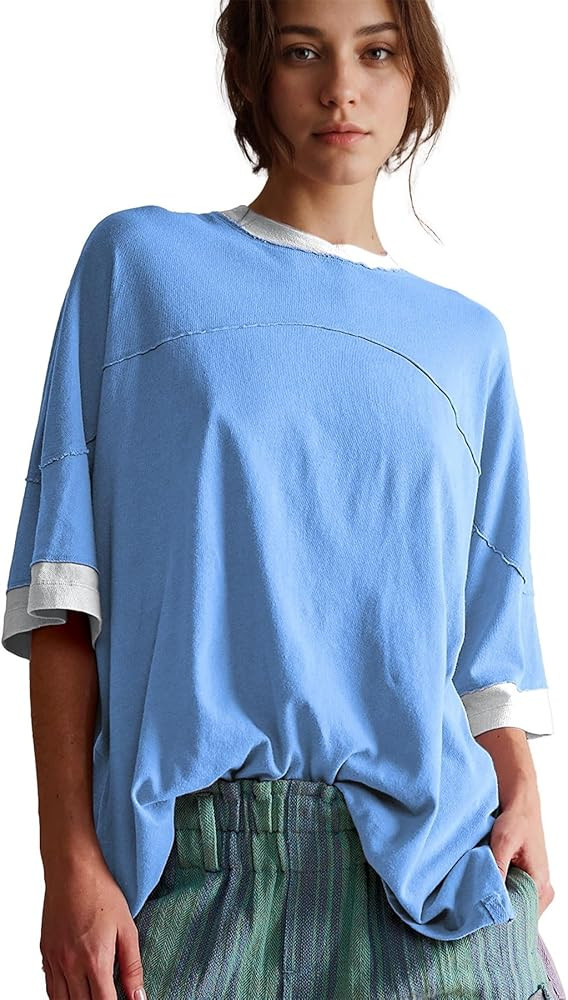 Ainangua Oversized Short Sleeve Shirts for Women Loose Fit Color Block Basic Avery Tee Casual Cut... | Amazon (US)