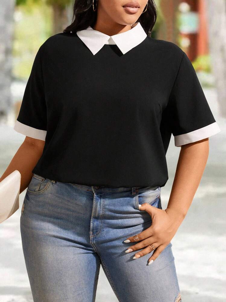 SHEIN Relaxiva Plus Size Color Block Short-Sleeve Blouse With Contrast Collar And Cuffs | SHEIN