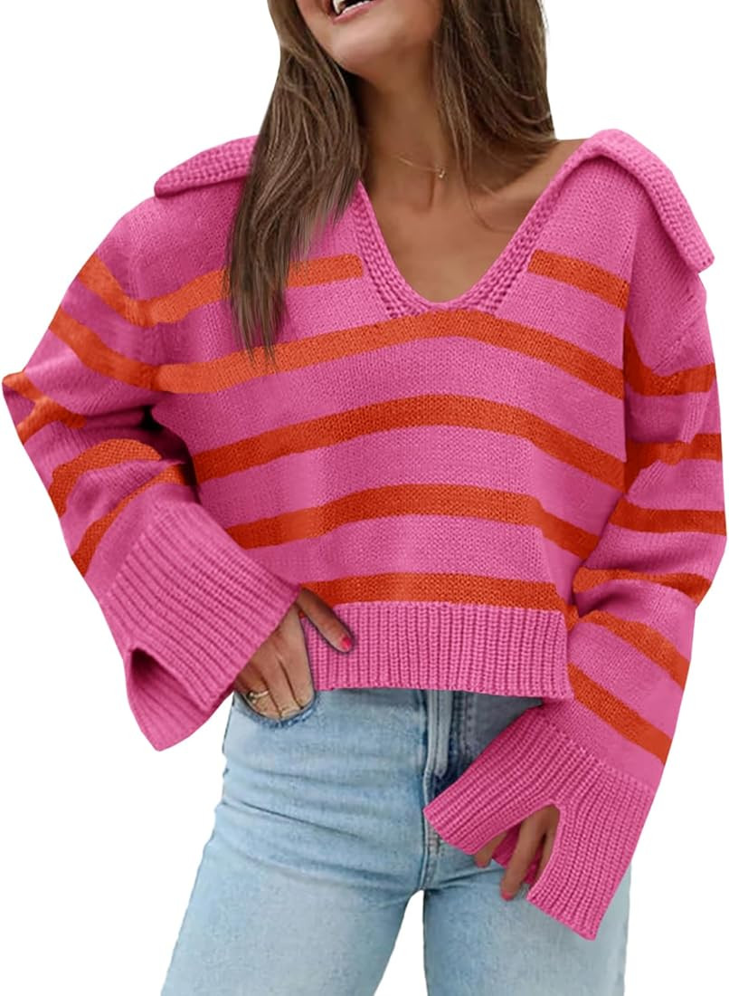 Saodimallsu Womens Striped Sweater V Neck Collared Fall Trendy Knitted Long Sleeve Loose Pullover... | Amazon (US)