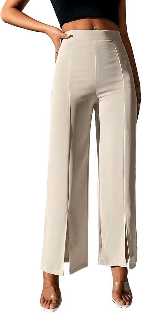 SweatyRocks Women's Elegant High Waisted Split Hem Long Pants Straight Leg Zipper Fly Work Office... | Amazon (US)