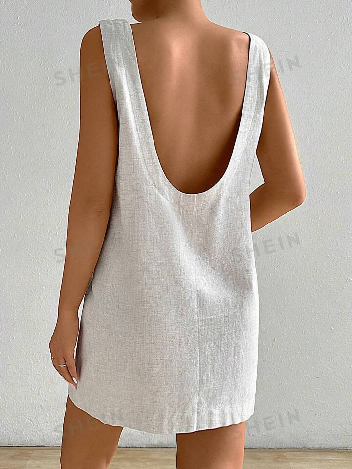 SHEIN EZwear Women's Linen Solid Color Hollow Out Round Neck Sleeveless Summer Dress | SHEIN