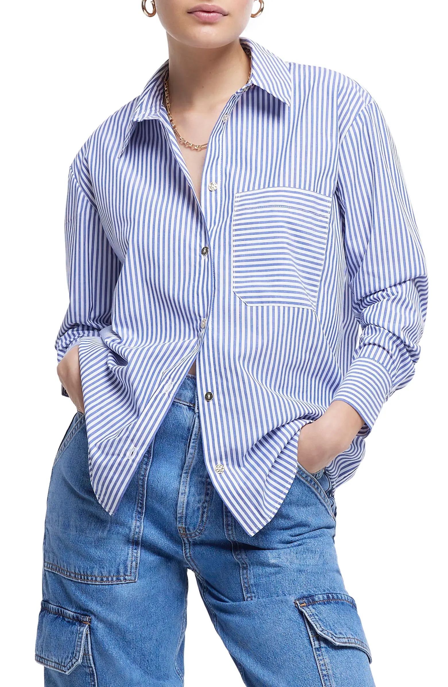 River Island Stripe Oversize Poplin Button-Up Shirt | Nordstrom | Nordstrom