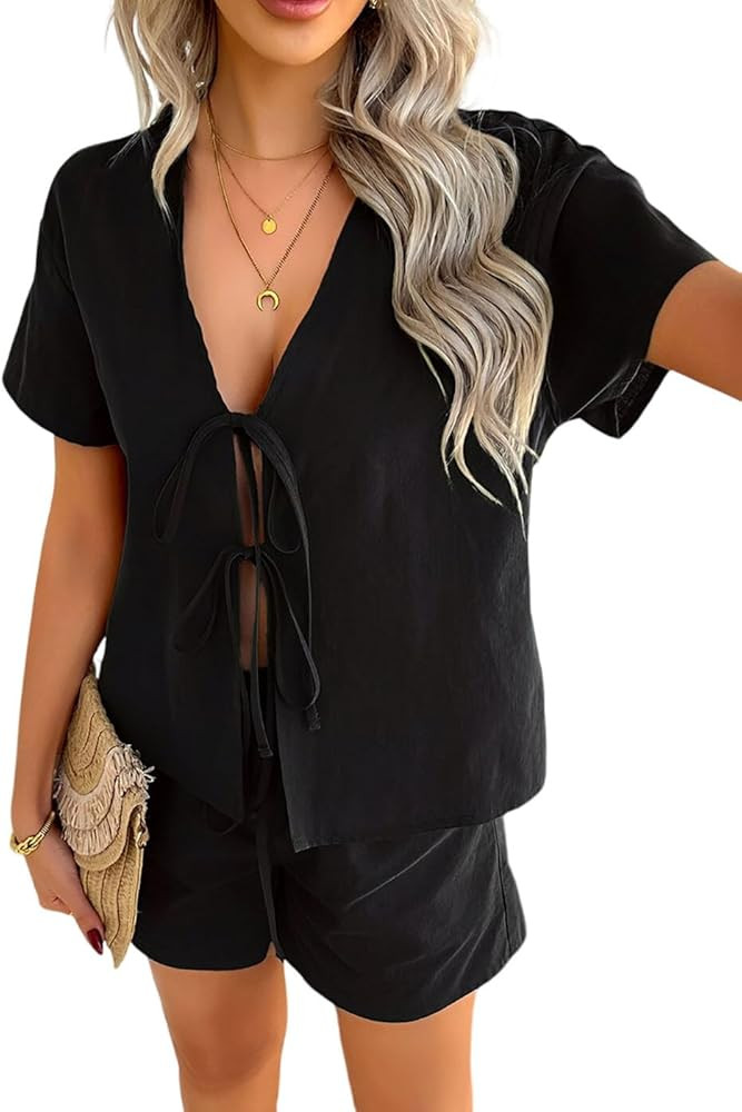 Women 2 Piece Lounge Sets Open Front Tie Up Summer Short Sleeve Shirt Shorts Shorts Tracksuit Set | Amazon (US)
